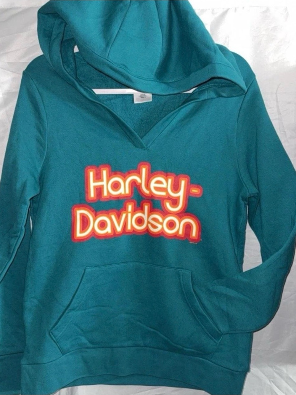 Harley-Davidson Teal Hoodie with Neon Orange & Yellow Logo